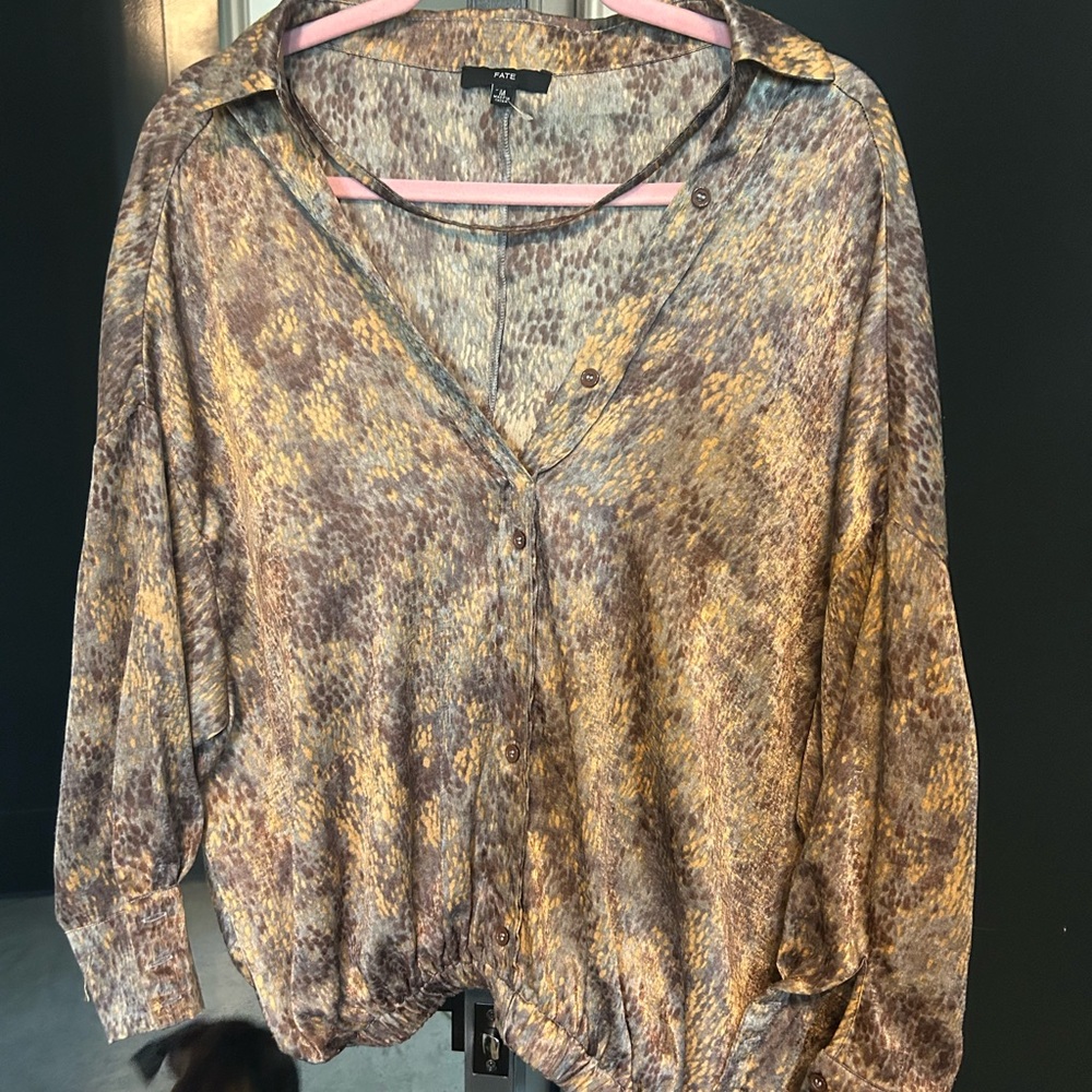 Fate Brown and Gold Animal-Print Button-Front Blouse